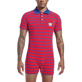 Mens Short Sleeve Romper Onesie One Piece Stripe Pajamas with Polo Collar
