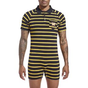 Mens Short Sleeve Romper Onesie One Piece Stripe Pajamas with Polo Collar in Kuwait