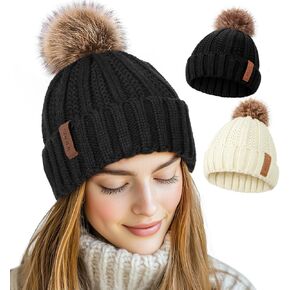 Sofier Winter Beanie for Women 2 Pack Winter Hats Soft Chunky Knit Hat with Pom Pom Warm Knitted Snow Cap for Ski (Black/Beige)