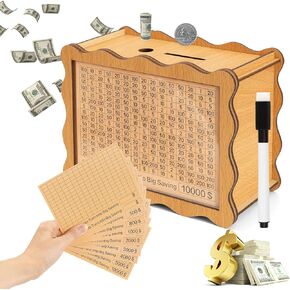 10,000 Savings Challenge Box - Cash Vault Wooden Savings Box, Cash Coin Retro Savings Box with Counter, Money Saving Box with Targets & Dry Erase Pen, Piggy Bank for Adults & Kids, Solid Wood