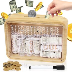 Money Saving Box Piggy Bank for Kids Adults,10000$ Savings Challenge Box 2024 Popular Cash Vault, One-Piece Wooden Savings Box Wipeable Count,Reusable Coin Bank for Boys Girls Build Savings Target 10k