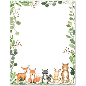 AnyDesign 60 Sheets Baby Shower Stationery Letterhead Paper Woodland Forest Animal Letter Paper Writing Paper Notes for Birthday Invitation Printing, 8.5 x 11 Inch, Single-Sided