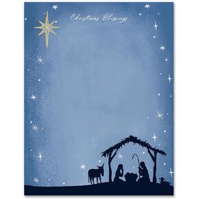 AnyDesign 80 Pack Christmas Stationery Letterhead Paper Nativity Scene Letter Paper Blue Writing Paper Notes Greeting Paper for Invitation Office Printing Supplies, 8.5 x 11 Inch