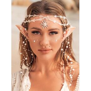 Aukmla Star Boho Head Chain with Fairy Elf Ear Pearl Tassel Headpiece Hair Chains Jewelry Halloween Costume Festival Headband Hair Accessories for Women and Girls
