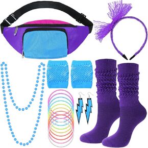 Handepo 19 Pcs 80s Costume Accessories for Women Set Hairband Fishnet Gloves Bracelet Earrings Necklace Socks Three Pockets Neon Retro 80s Fanny Pack Festival Theme Party Vintage Rave Accessories