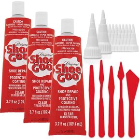 Shoe Goo Clear 3.7 Ounce (3-Pack) + Pixiss Spreaders & 10 Applicator Lids - Heavy-Duty Waterproof Adhesive for Shoe Repair, Sealing, & Protection