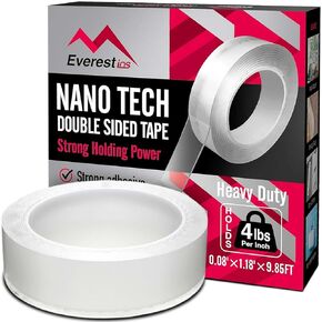Everest Nano Tech Double Sided Tape, Heavy Duty, Strong Holding Power. Multipurpose Transparent Foam Tape, Picture Hanging Adhesive Strips, Removable Wall Tape Sticky Poster Tape, 9.85FT