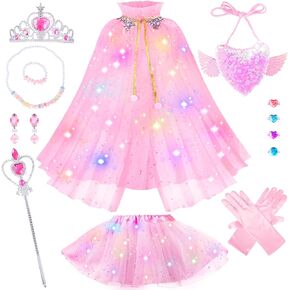 Princess Dress Up Clothes for Little Girl, Light Up Princess Cape Set with Crown, Princess Dresses for Girls 3-8 Role Play, Princess Toy Gift for Halloween Christmas Birthday Party