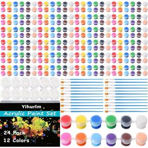 24 Pack Mini Acrylic Paint Set,12 Colors Acrylic Paint Strips for Kids & Adults, Washable Paint Set with 24 Flat Brushes, 24 Pointed Brushes, Kids Paint Set for Class Painting Artistic Crafts