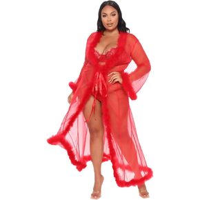 Women Sexy Tulle Robe with Feather Trim, Long Sleeve See Through Nightgown Bride Bathrobe Lingerie Bikini Cover Up