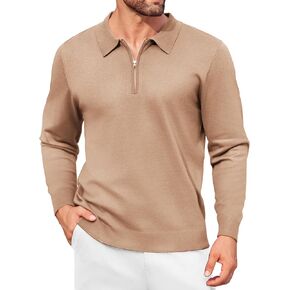 COOFANDY Mens Knit Polo Shirt Quarter Zip Slim Fit Pullover Long Sleeve Sweater Polo