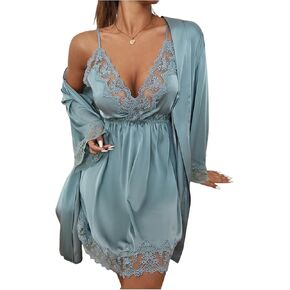 Verdusa Women's Embroidered Mesh Satin Robe Sets Deep V Nightgown with Robe