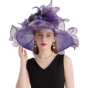 Organza Church Derby Hats for Women Wedding Tea Party Fascinator Floral Wide Brim Sun Hat