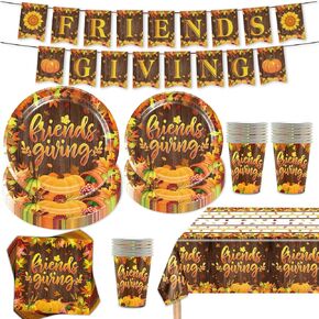 Friendsgiving Party Decorations, Friendsgiving Plates and Napkins Cups Sets & Tablecloth Friendsgiving Banner for Friendsgiving Party Supplies