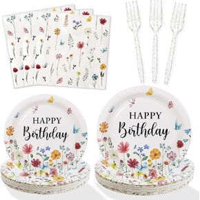 100Pcs Wildflower Party Decorations Plates Set, Floral Paper Plates Napkins and Forks Flower Birthday Decorations for 25 Guests