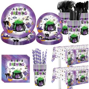 194pcs Halloween Baby Shower Decorations Halloween A Baby is Brewing Baby Shower Party Plates, Cup, Napkin, Tablecloth, Tableware, Halloween Party Supplies Plates Serve 24 Guests