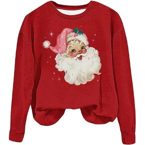 MYCHTE Retro Pink Santa Christmas Sweatshirt Women Vintage Santa Claus Graphic Tee Casual Long Sleeve Xmas Pullover Top