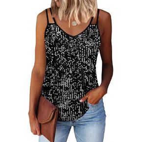 Allimy Womens Strappy Sequin V Neck Tank Tops Sparkle Shimmer Party Club Tank Tops Sleeveless Shirts