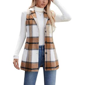olrain Women Flannel Plaid Sleeveless Blazer Vest Lapel Neck Button Down Long Jacket Outwear Coat With Pockets Fall Winter
