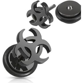 Plugs Earrings 316L Surgical Steel Black IP Biohazard Sign Fake Plug 16 Gauge - Sold as a Pair