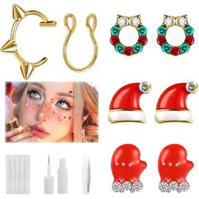 ZS 8Pcs Christmas Tree Santa Claus Fake Eyebrow Nose Lip Labret Rings Studs with Eyelash Glue, Fake Septum Clip Lip Ring, Non-Piercing Body Jewelry Fake Face Piercing