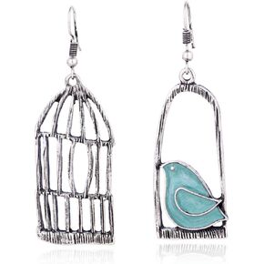 YINLIN Fashion Antique Lovely Asymmetric Birdcage Dangle Earring Enamel Bird In Cage Animal Jewelry