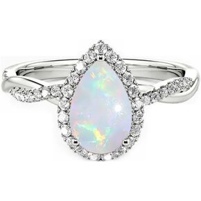 2ct 925 Sterling Silver Opal Ring for Women Real Genuine Pear Cut Halo Opal Engagement Ring Dainty October Birthstone Opal Ring For Her