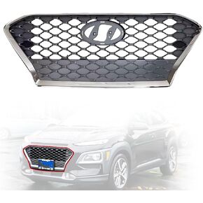 Front Mesh Grille Grill Black with Chrome Trim Fits for 2018 2019 2020 2021 Hyundai Kona Replaces #86350-J9000