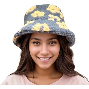 Winter Warm Plush Bucket Hat Daisy Flowers Furry Faux Fur Fuzzy Shearling Fisherman Hats for Women