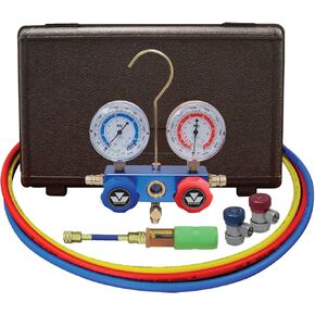 Mastercool 89661-PRO Automotive R134a 2-Way Manifold Gauge Set with 3-in-1 Can Tap Valve – U.S. Designed, Assembled, and Tested – Includes 60" Hoses and Manual Couplers