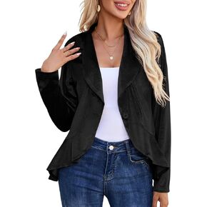 KOJOOIN Womens Long Sleeve Velvet Blazer Jacket Suit Open Front Ruffle Work Office Cardigan Coat
