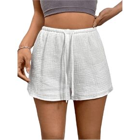 Women's Elastic Waisted Textured Track Shorts Casual Wide Leg Drawstring Knot Front Mini Shorts