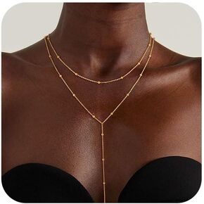 Lariat Gold Necklace for Women Dainty Long Necklace 14k Gold Plated Y-Shaped Layered Chain Necklaces Cz Beaded Sun