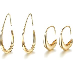 Gold Hoop Earrings for Women Lightweight Teardrop 18K Gold Plated Large and Small Oval Pull Through Fluid Hoop Earrings Set, Chunky Gold Statement Dangle Drop Earrings