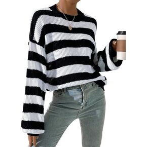 Allimy Women's Crewneck Color Clock Striped Cable Knit Sweaters for Women Fashion Trendy 2024 Lightweight Fall Outfits