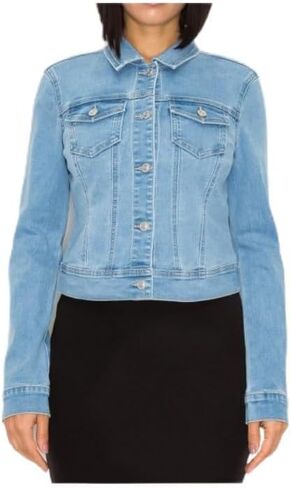 سترة دينم دينم أساسية بأزرار سفلية من الجينز الشمعي (متوسطة، دنيم فاتح)، صغير in Kuwait