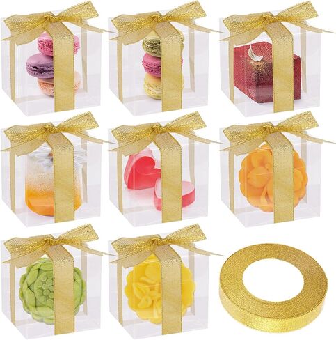 VGOODALL 25PCS Clear Favor Boxes with Ribbon, 2inch Transparent Cube PET Boxes Small Gift Boxes for Wedding, Bridal Shower Baby Shower in Saudi Arabia