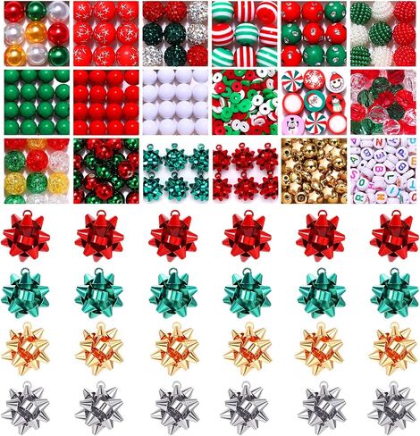 600PCS+ Christmas Beads Charms for Jewelry Making, Metallic Christmas Bow Charms, Red Green Christmas Clay Beads, Assorted Rhinestone CCB Beads Gold Spacer Beads for DIY Bracelet Necklace Crafts in Saudi Arabia