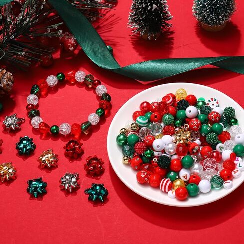 600PCS+ Christmas Beads Charms for Jewelry Making, Metallic Christmas Bow Charms, Red Green Christmas Clay Beads, Assorted Rhinestone CCB Beads Gold Spacer Beads for DIY Bracelet Necklace Crafts in Saudi Arabia