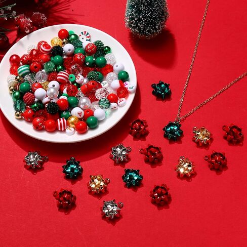 600PCS+ Christmas Beads Charms for Jewelry Making, Metallic Christmas Bow Charms, Red Green Christmas Clay Beads, Assorted Rhinestone CCB Beads Gold Spacer Beads for DIY Bracelet Necklace Crafts in Saudi Arabia