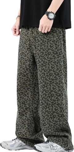 Men Y2k Leopard Print Jeans Baggy Leopard Jeans Vintage Printed Pants Straight Leg Jeans Streetwear in Saudi Arabia