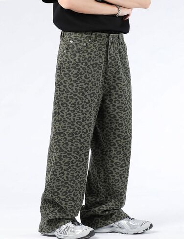 Men Y2k Leopard Print Jeans Baggy Leopard Jeans Vintage Printed Pants Straight Leg Jeans Streetwear in Saudi Arabia