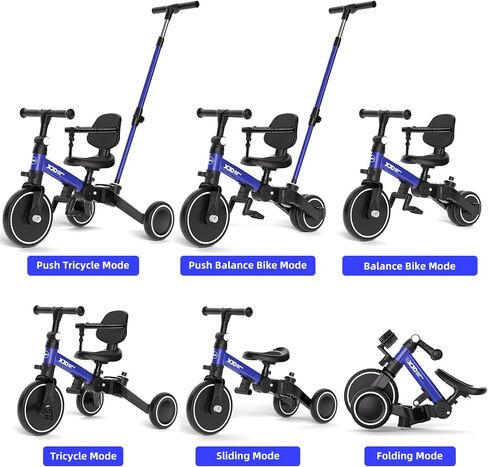 XJD Toddler Bike, 6 in 1 Folding Toddler Tricycle for 1-4 Year Old with Parental Control Handle, Balance Bike with Removable Pedal, Backrest, Adjustable Seat Height, First Birthday Gifts in Kuwait