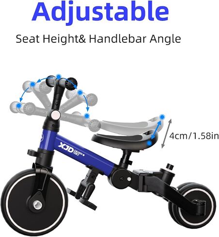XJD Toddler Bike, 6 in 1 Folding Toddler Tricycle for 1-4 Year Old with Parental Control Handle, Balance Bike with Removable Pedal, Backrest, Adjustable Seat Height, First Birthday Gifts in Kuwait
