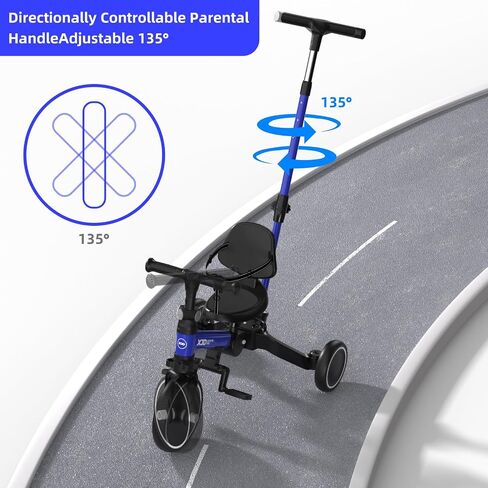 XJD Toddler Bike, 6 in 1 Folding Toddler Tricycle for 1-4 Year Old with Parental Control Handle, Balance Bike with Removable Pedal, Backrest, Adjustable Seat Height, First Birthday Gifts in Kuwait