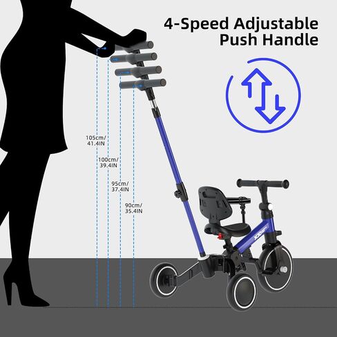 XJD Toddler Bike, 6 in 1 Folding Toddler Tricycle for 1-4 Year Old with Parental Control Handle, Balance Bike with Removable Pedal, Backrest, Adjustable Seat Height, First Birthday Gifts in Kuwait