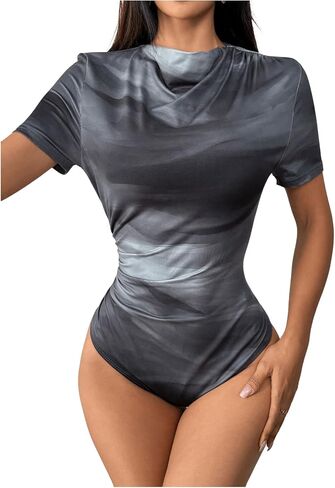 Milumia Women's Tie Dye Mock Neck Short Sleeve Bodysuit Ruched Fitted T Shirt in Saudi Arabia