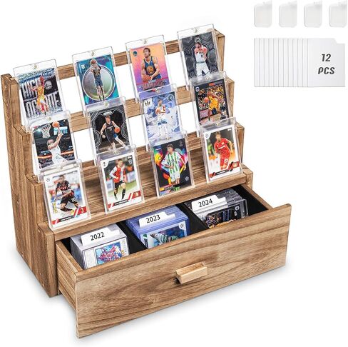 Emfogo Trading Card Display, 3-Tier Trading Card Storage with Custom Drawer, Wood Graded Card Display with Card Supporters and Dividers, Sports Card Display Case for Card Game Collection (Black) in Kuwait