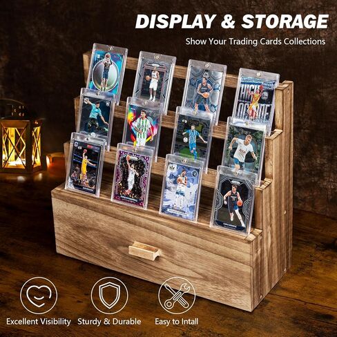 Emfogo Trading Card Display, 3-Tier Trading Card Storage with Custom Drawer, Wood Graded Card Display with Card Supporters and Dividers, Sports Card Display Case for Card Game Collection (Black) in Kuwait