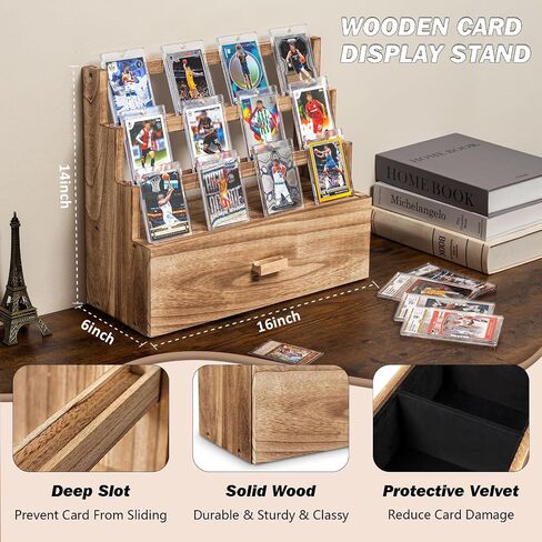 Emfogo Trading Card Display, 3-Tier Trading Card Storage with Custom Drawer, Wood Graded Card Display with Card Supporters and Dividers, Sports Card Display Case for Card Game Collection (Black) in Kuwait